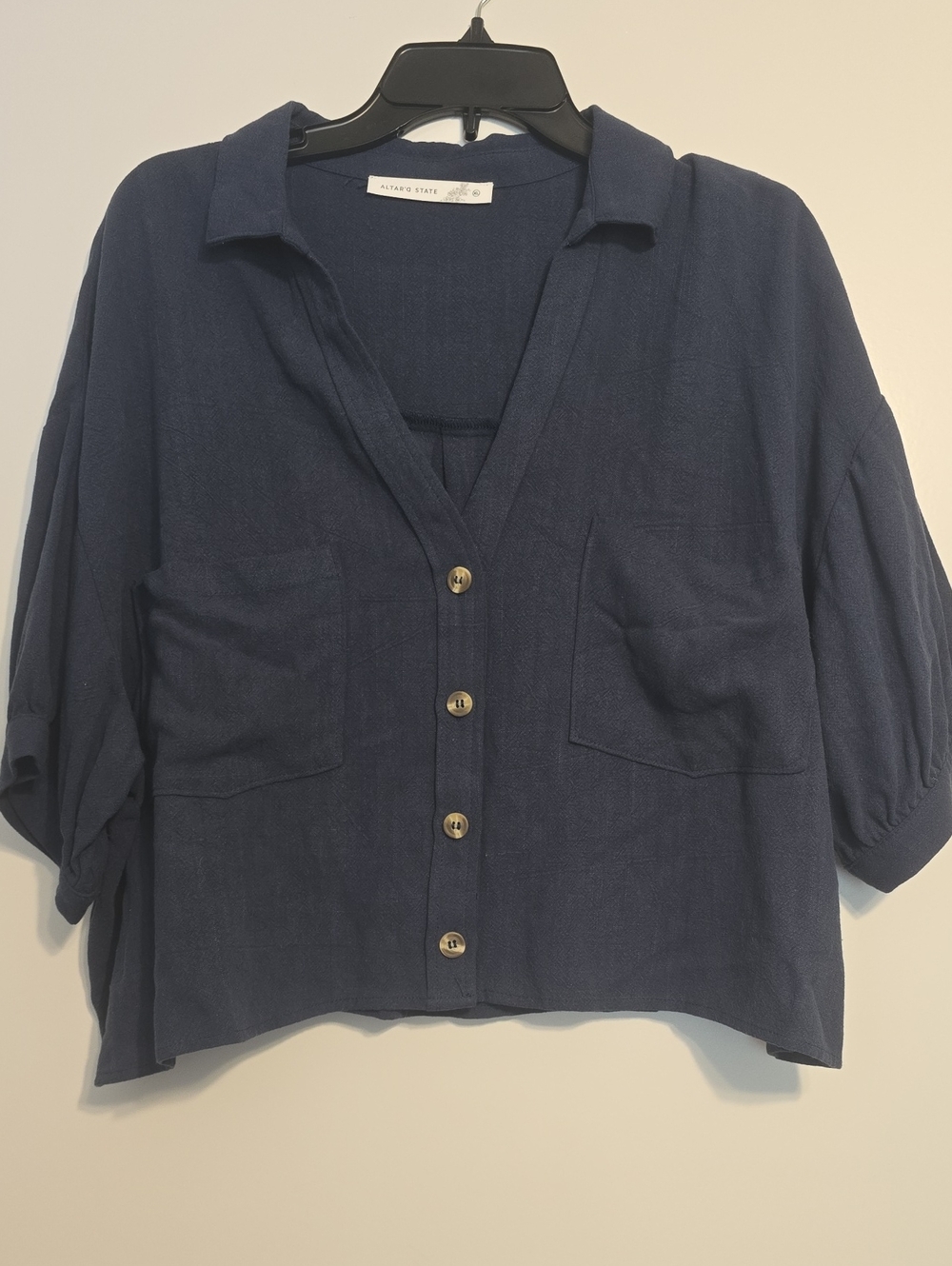 Altar'd State Navy Button-Front Boxy Shirt
